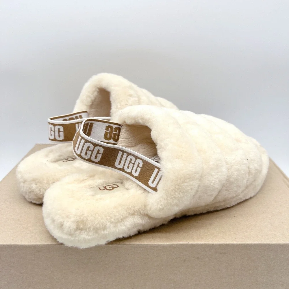 UGG Fluff Yeah Genuine Shearling Platform Slingback Sandal Slide Beige US 6 - Picture 6 of 12